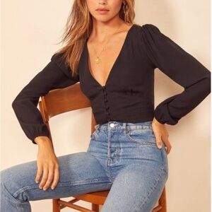 Reformation Black Button-Down V-Neck Blouse size M